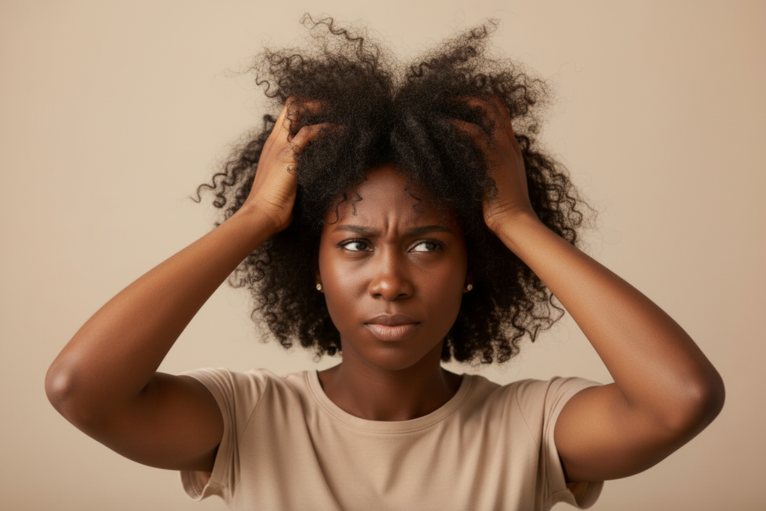 Woman with coarse dry 4B natural hair scrunching her hair with both hands looking puzzled